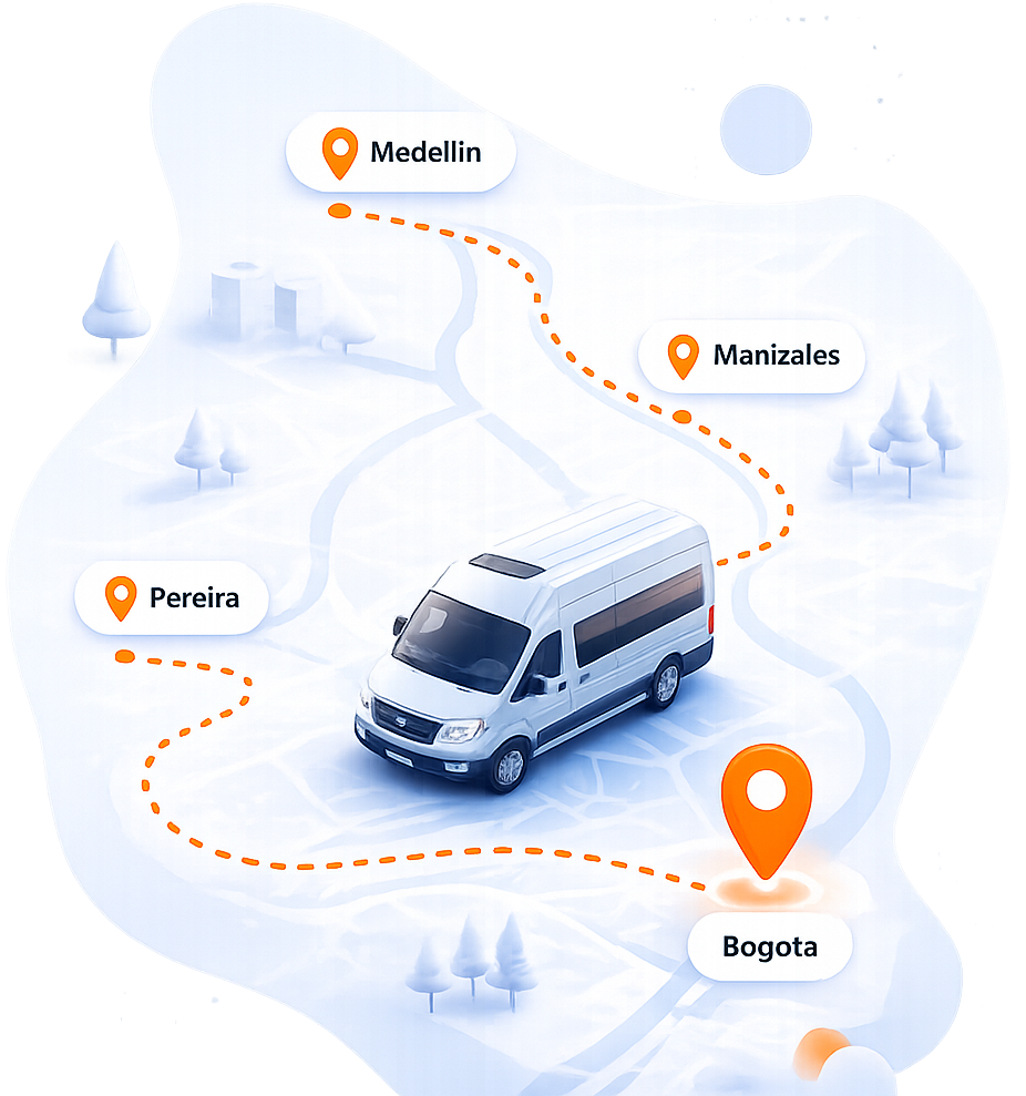 Mapa visual con rutas entre Medellin, Pereira, Manizales y Bogota